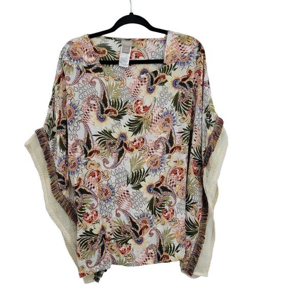 Chico's Multi-Print Poncho Top Blouse S/M Multicolor Oversized Fringed Boho - Picture 1 of 15